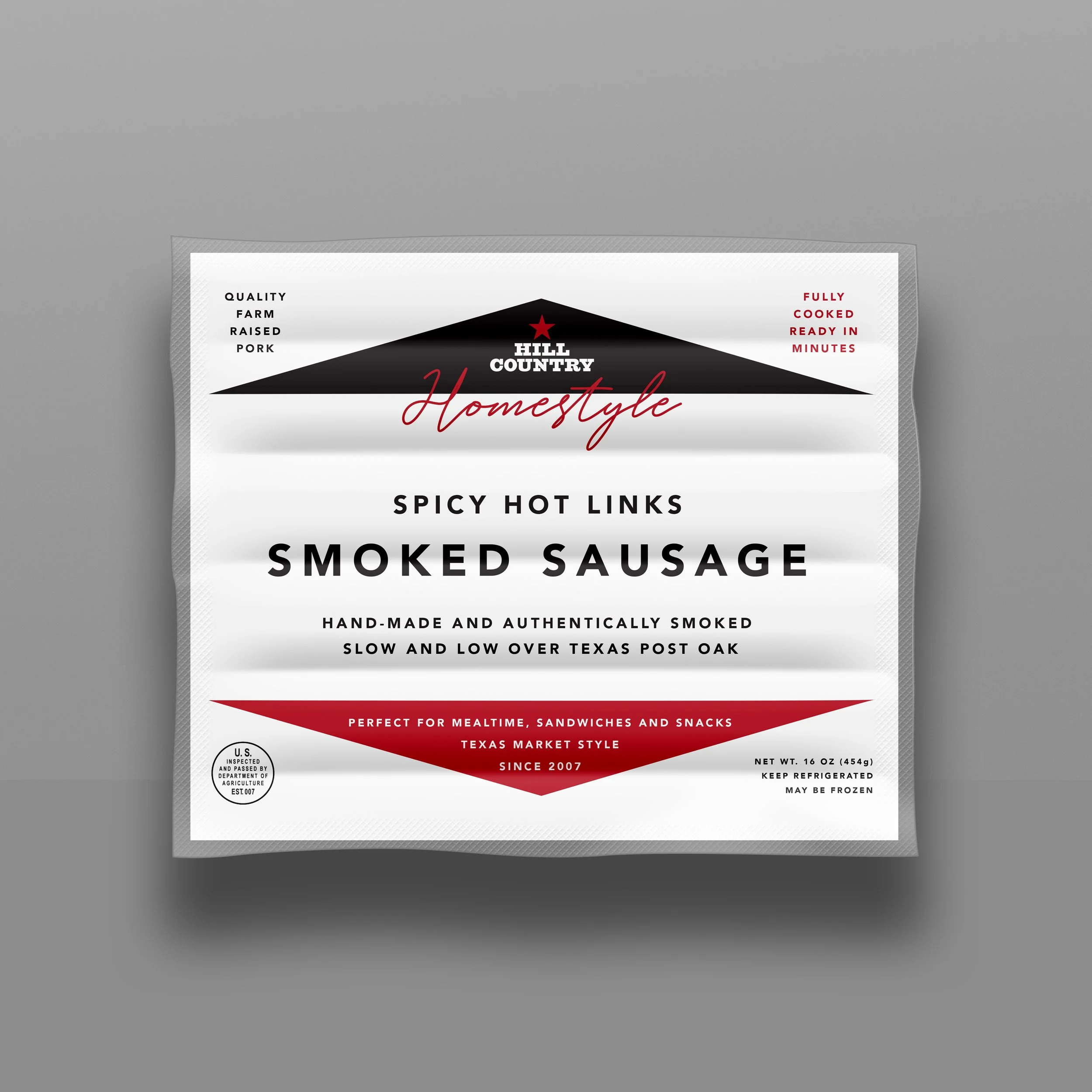 Hill Country Homestyle spicy hot-links smoked-sausage package concept with black and red accents.