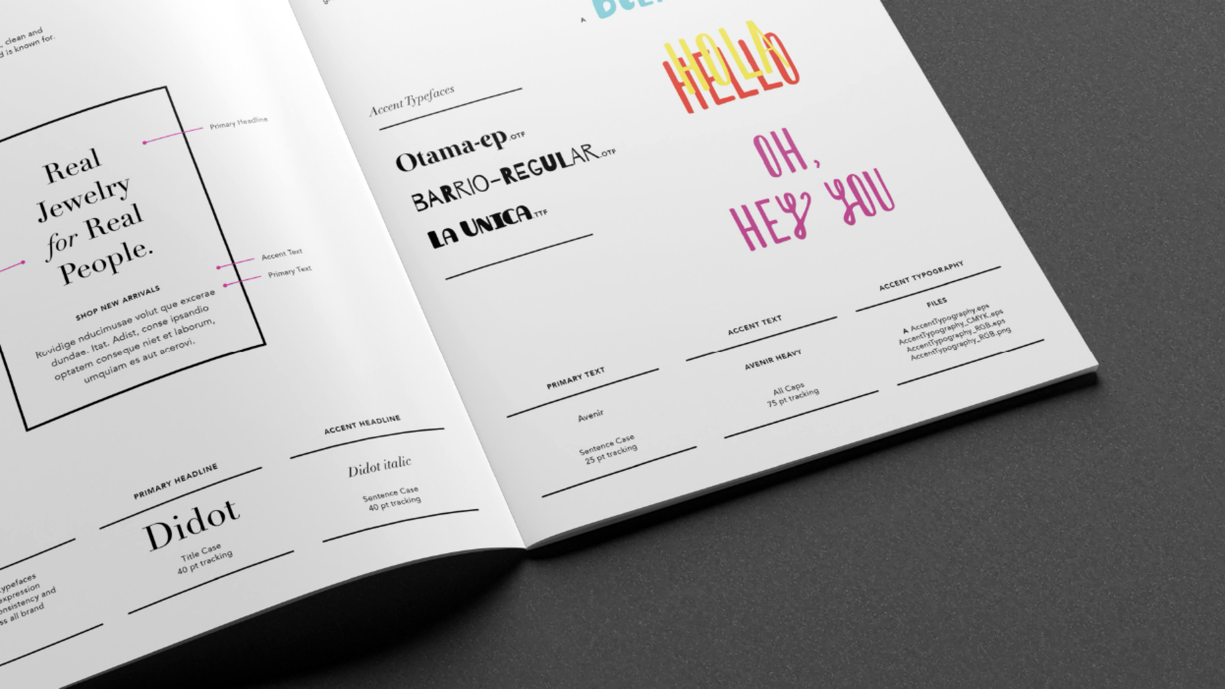 Reinhold Jewelers accent typefaces and playful typographic messages in the brand guidelines.