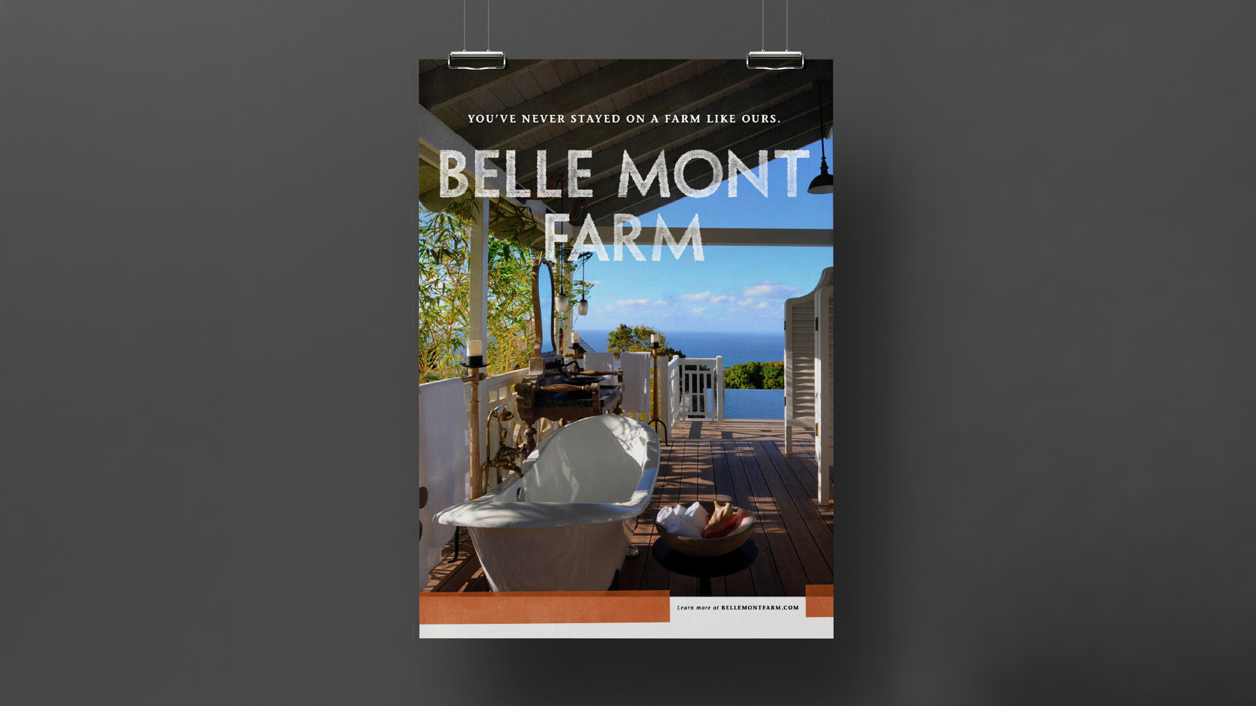 Belle Mont Farm poster concept featuring an open-air bathtub overlooking the sea.