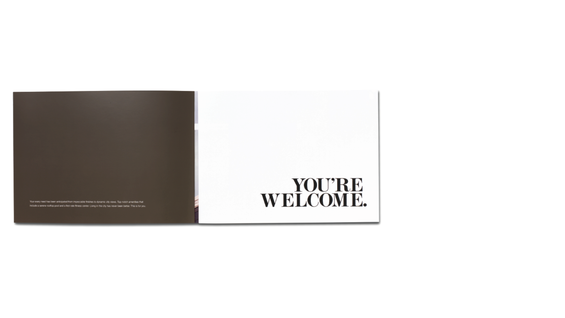 Senate Square brochure opening spread with a dark introduction page opposite the headline “You’re welcome.”