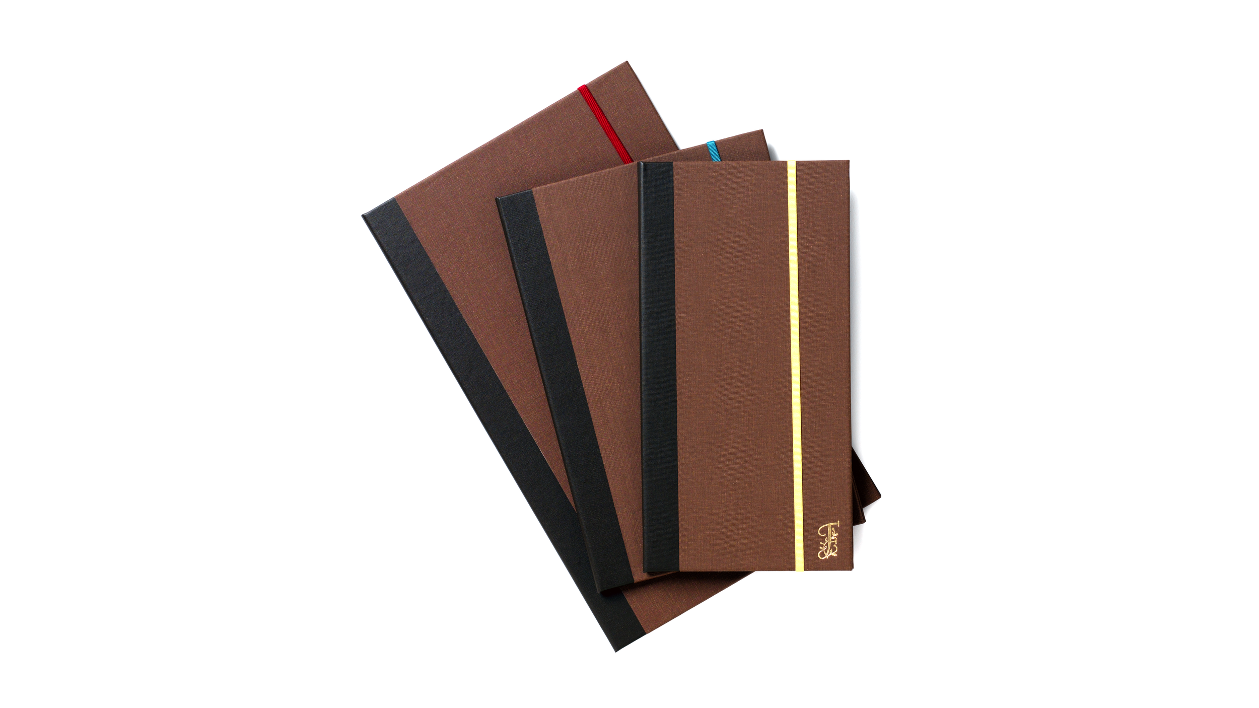 Ai Fiori brown menu covers with black spines and colored accent bands.