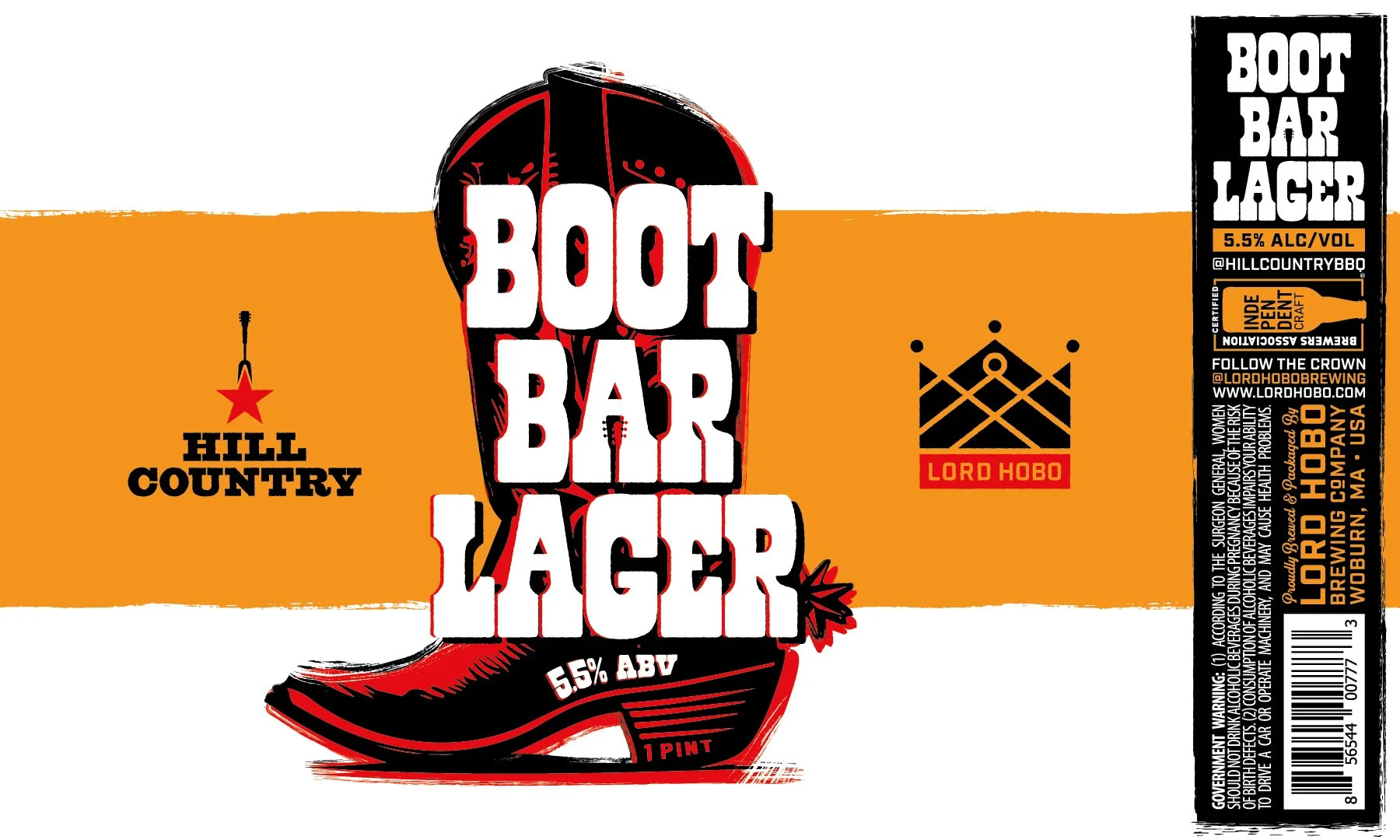Boot Bar Lager wraparound can artwork with a cowboy boot illustration, orange band, and Hill Country and Lord Hobo logos.