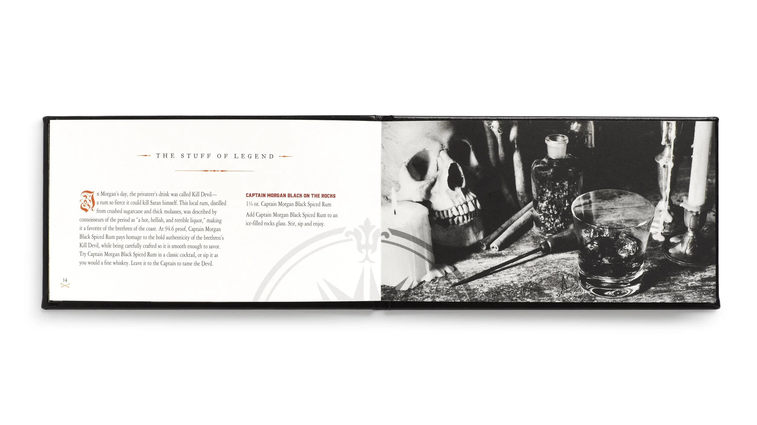 Captain Morgan Black brand-book spread pairing product storytelling with a black-and-white rum, skull and candle still life.