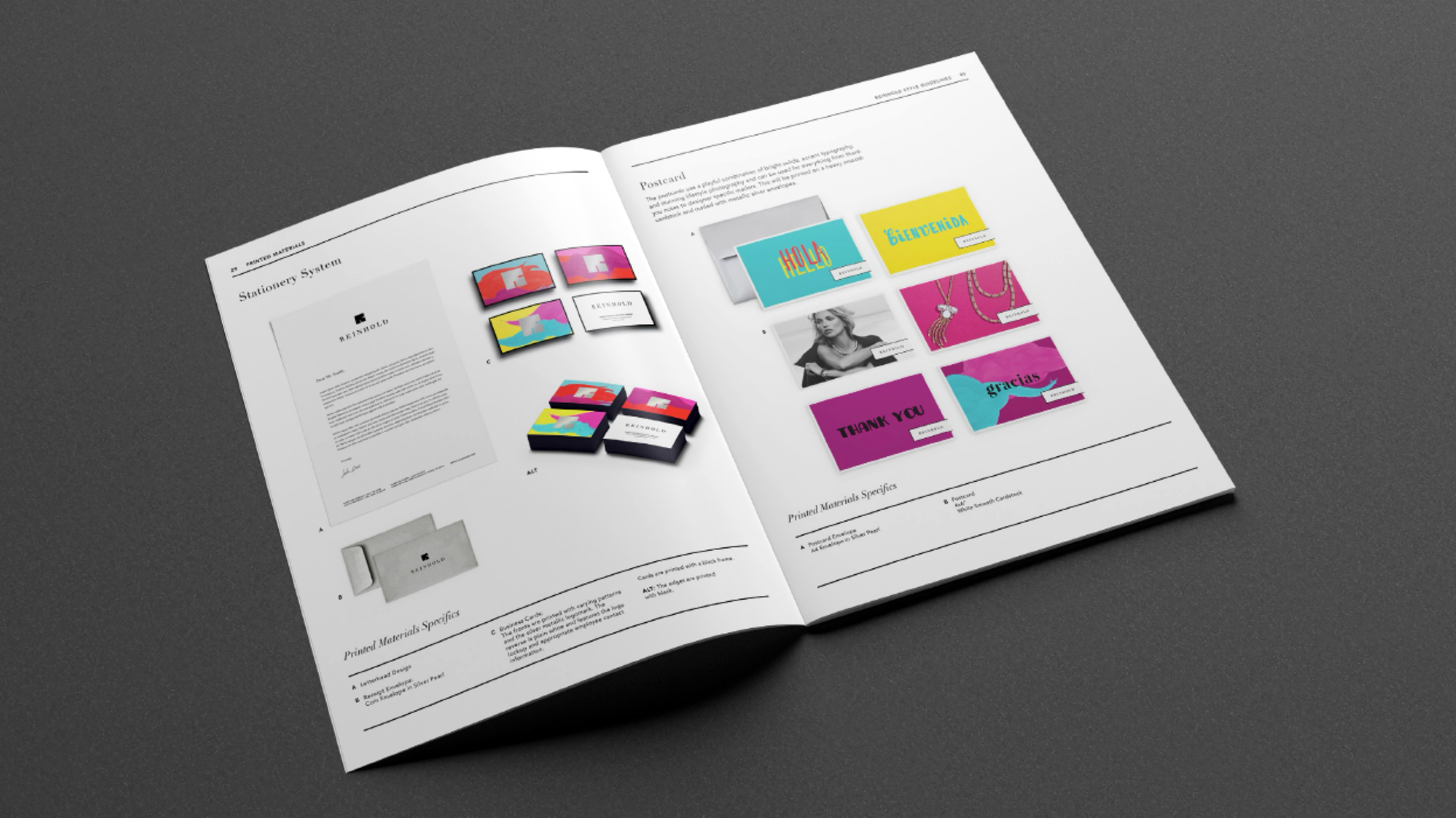 Reinhold Jewelers brand guidelines showing colorful stationery and advertising applications.