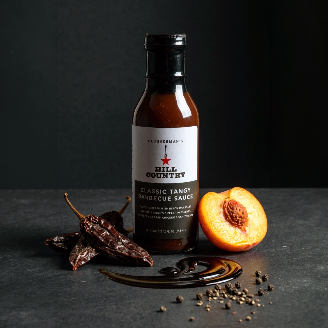 Hill Country branded barbecue-sauce packaging.