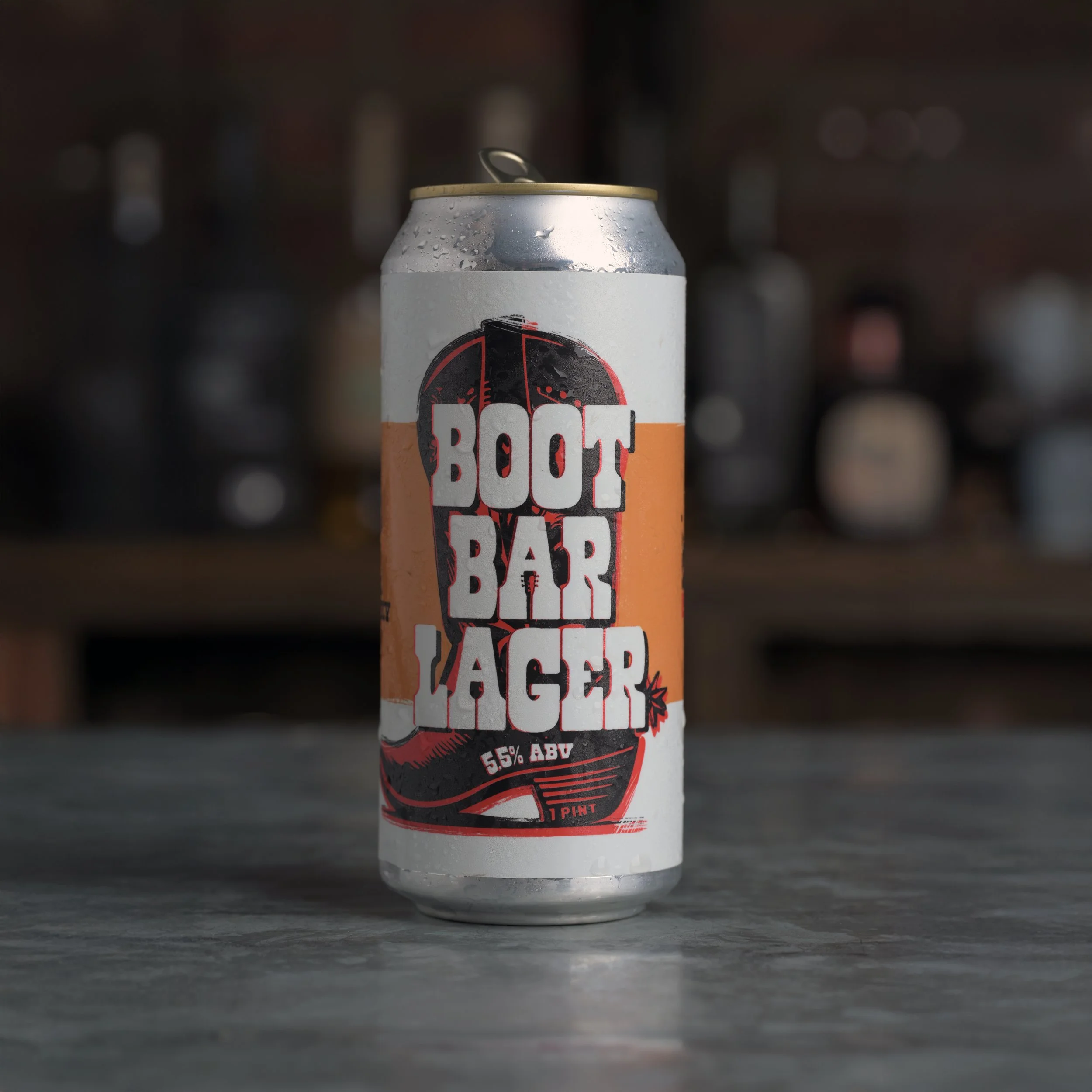 Finished Boot Bar Lager can photographed on a bar counter.