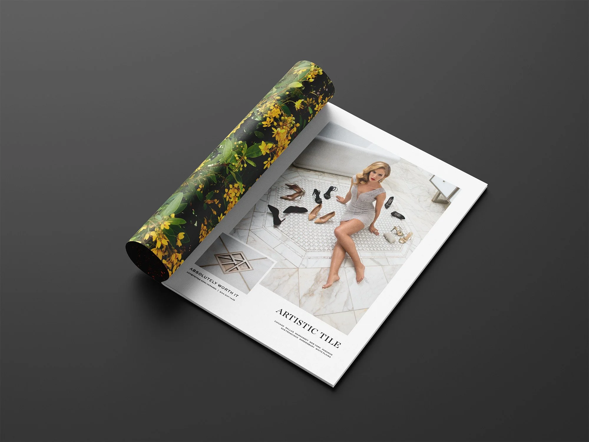 Artistic Tile magazine-ad mockup featuring the kitchen campaign photograph.
