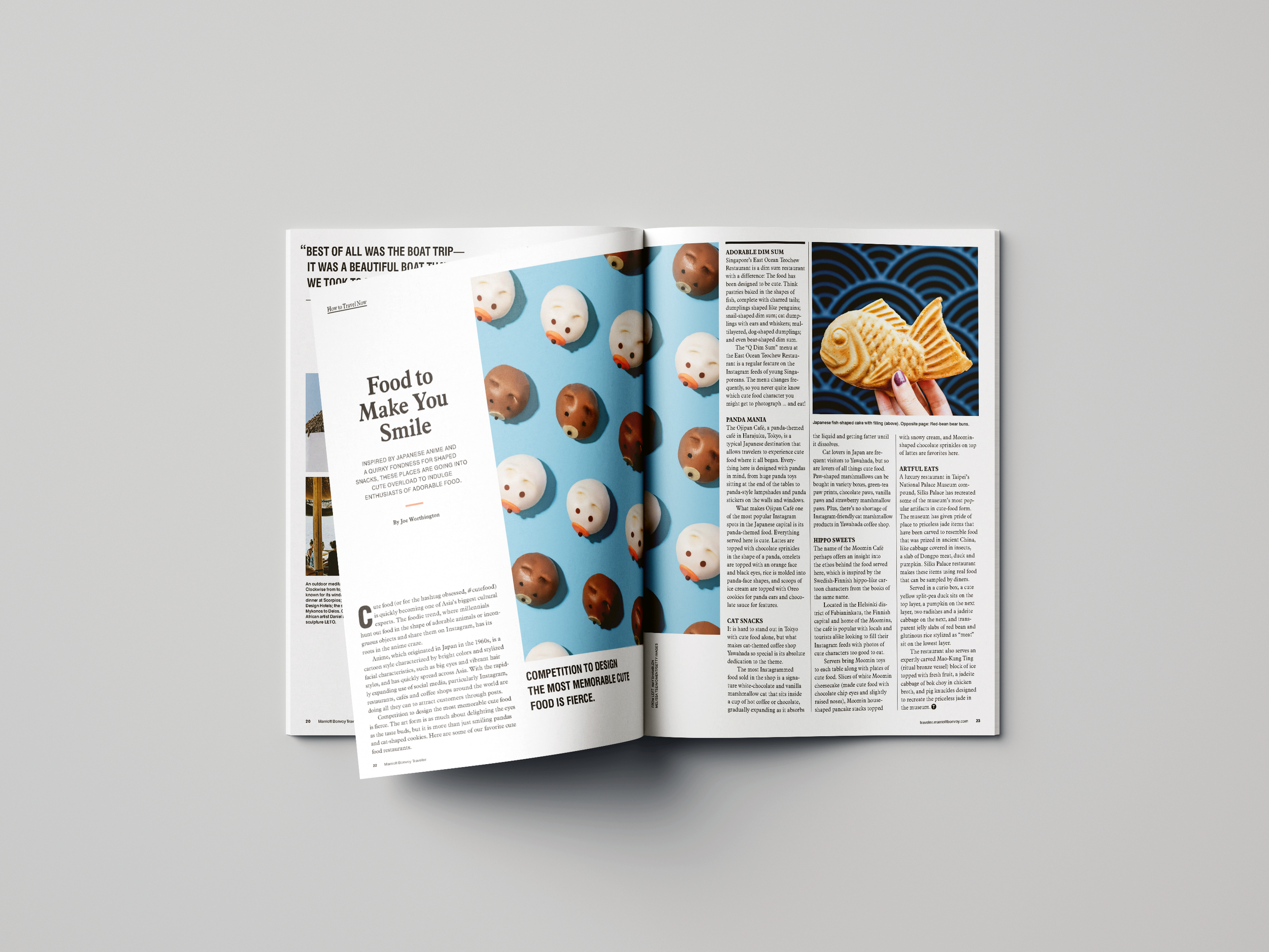 Marriott Bonvoy Traveler print spread titled Food to Make You Smile, with playful food photography and editorial columns