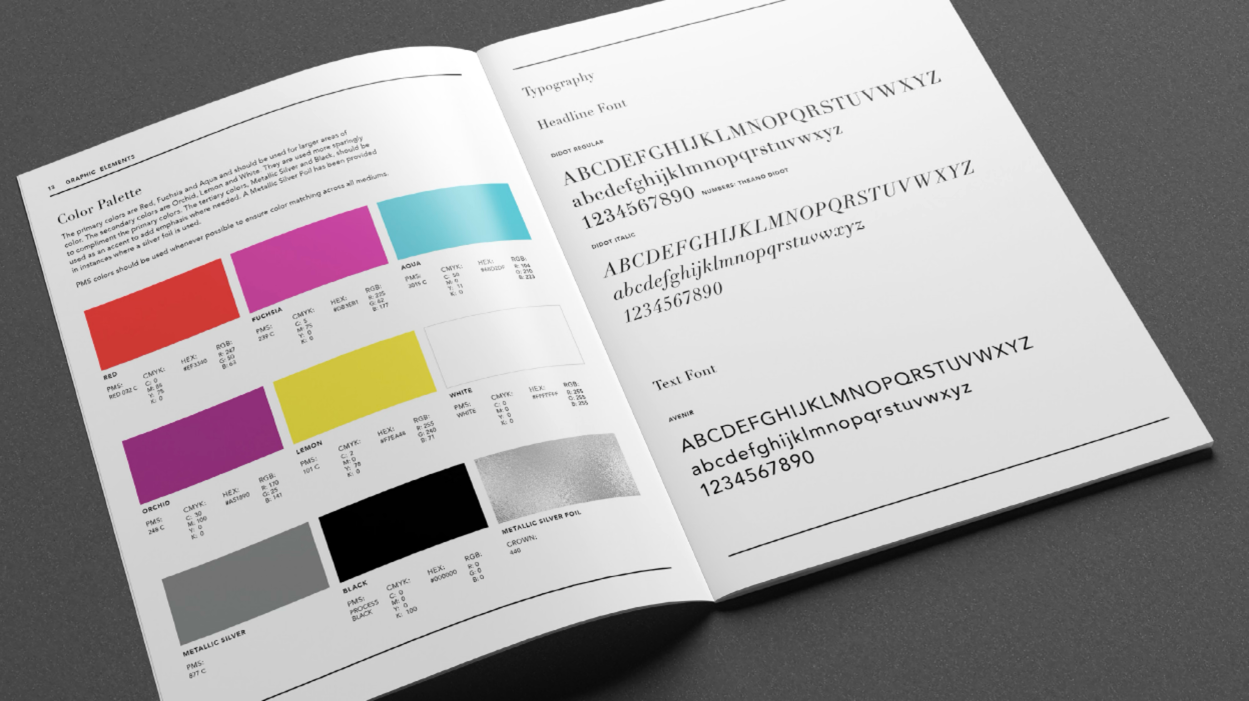 Reinhold Jewelers brand guidelines showing the color palette and primary typefaces.