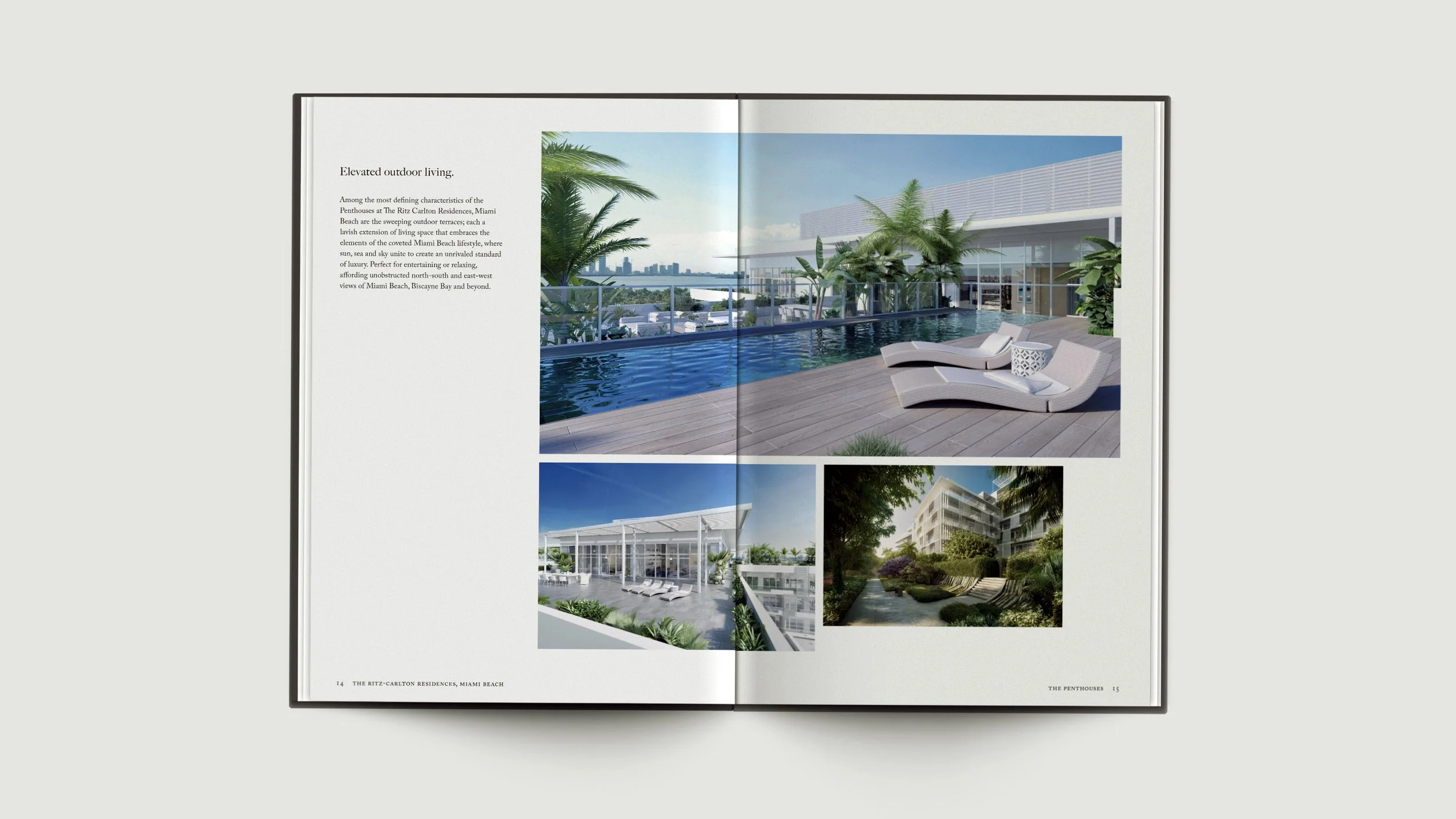Ritz-Carlton Residences, Miami Beach brochure spread showing pool terraces, outdoor living and landscaped architecture