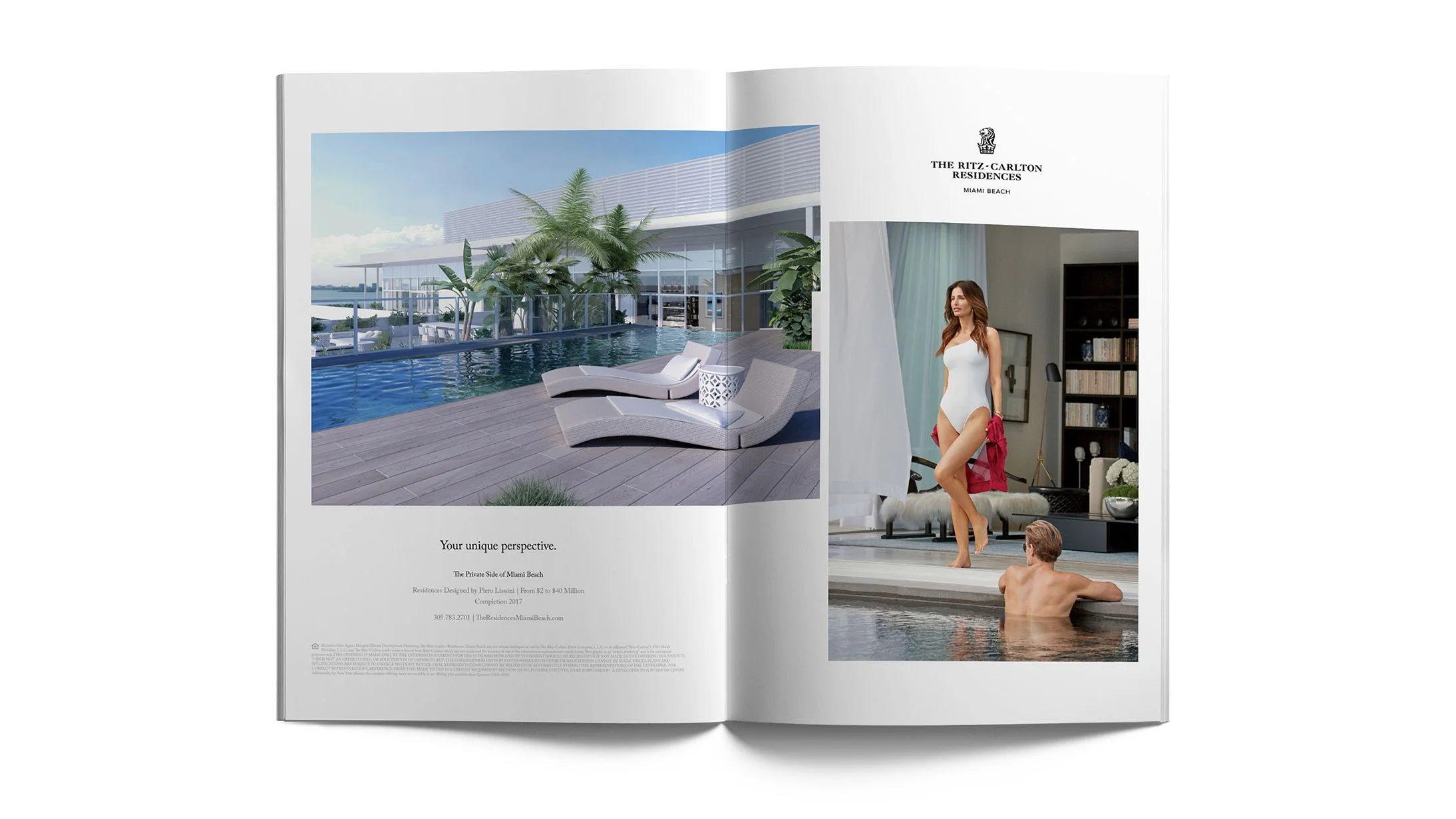 Ritz-Carlton Residences print advertisement pairing a pool terrace with lifestyle photography: Your unique perspective