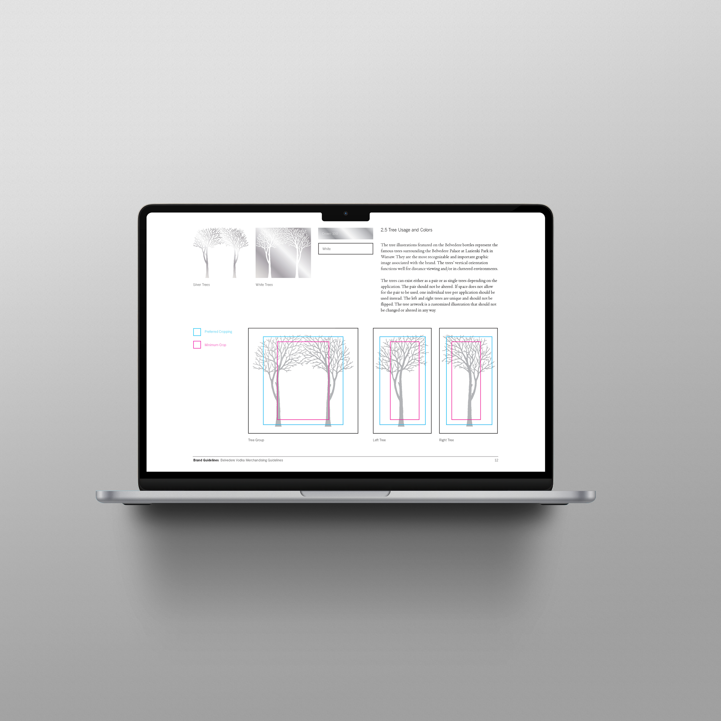 Belvedere merchandising guidelines on a laptop, showing approved palace illustrations.