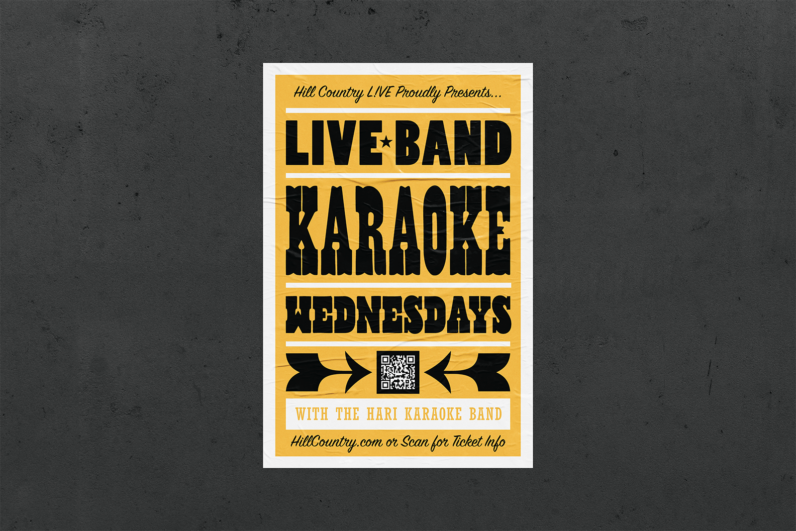 Hill Country Live Band Karaoke poster with bold black lettering on yellow.