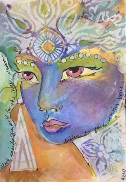Abstract watercolor painting of a woman's face with vibrant colors, decorative patterns, and a butterfly near her shoulder.