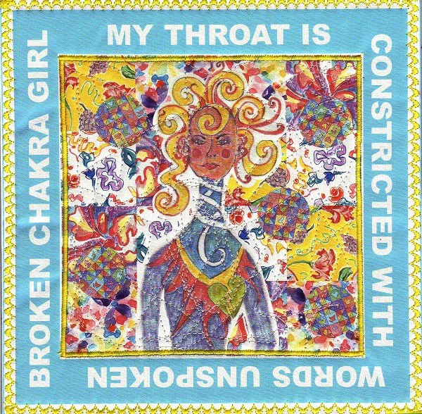 Colorful artwork featuring a girl with curly hair and broken wing, surrounded by vibrant patterns and designs. Text around the image reads "My Throat is Constipated with Broken Chakra Girl, Words Unspoken."