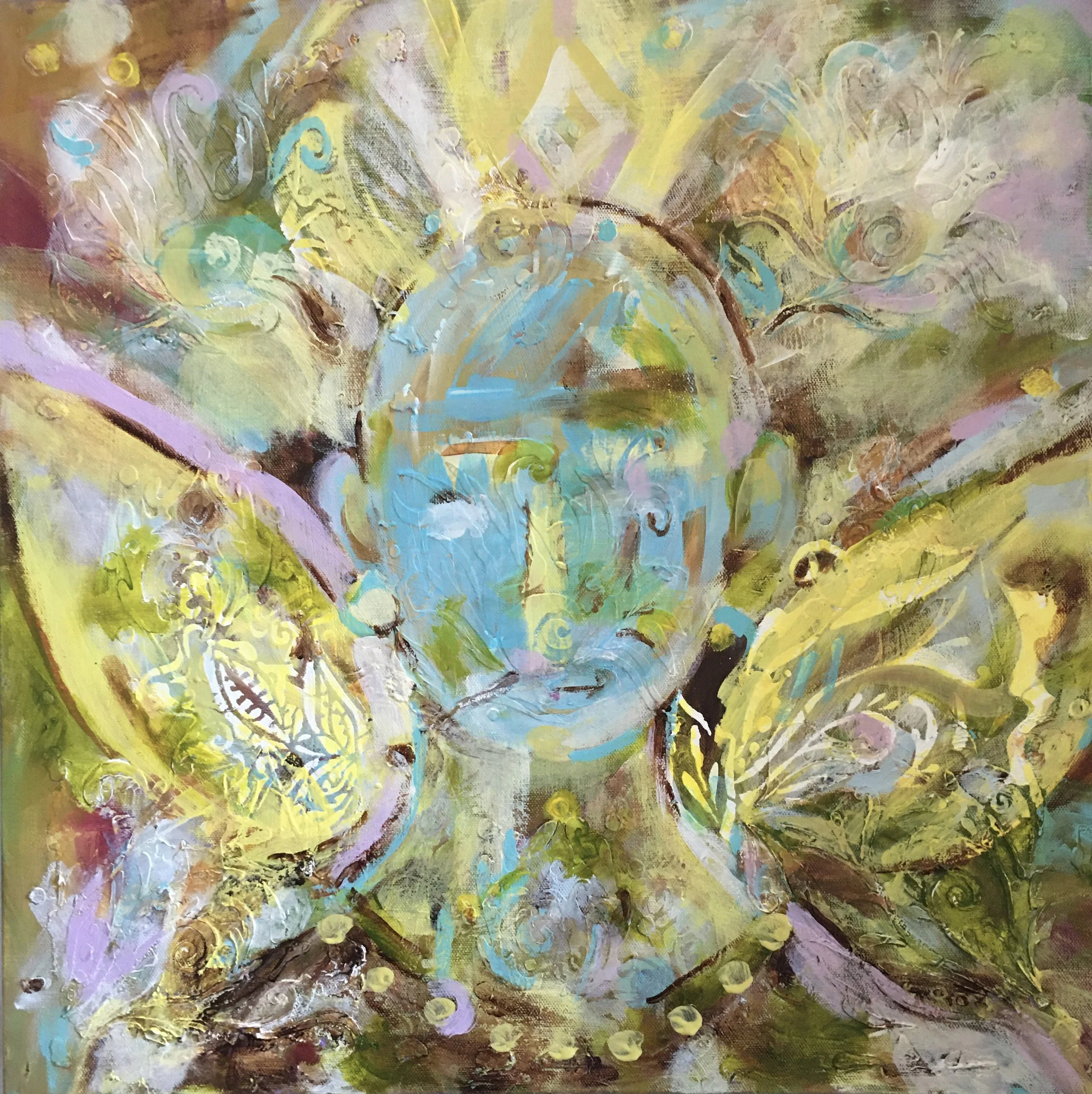 An abstract painting with swirling pastel yellow, pink, purple, blue, and green colors, featuring textured brushstrokes and circular patterns.
