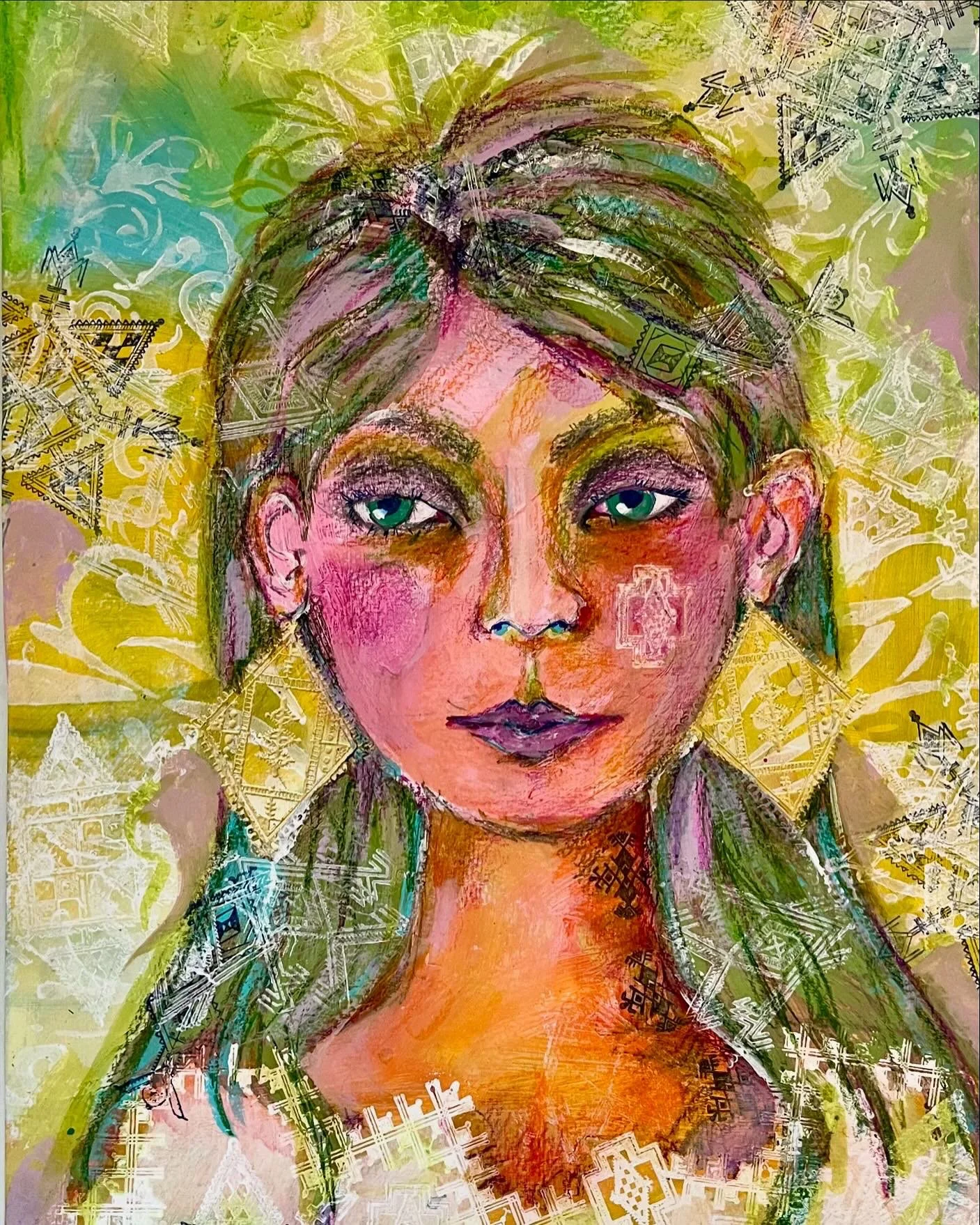 A colorful abstract portrait of a woman with green eyes, pink cheeks, and purple lips, surrounded by bright, patterned background.