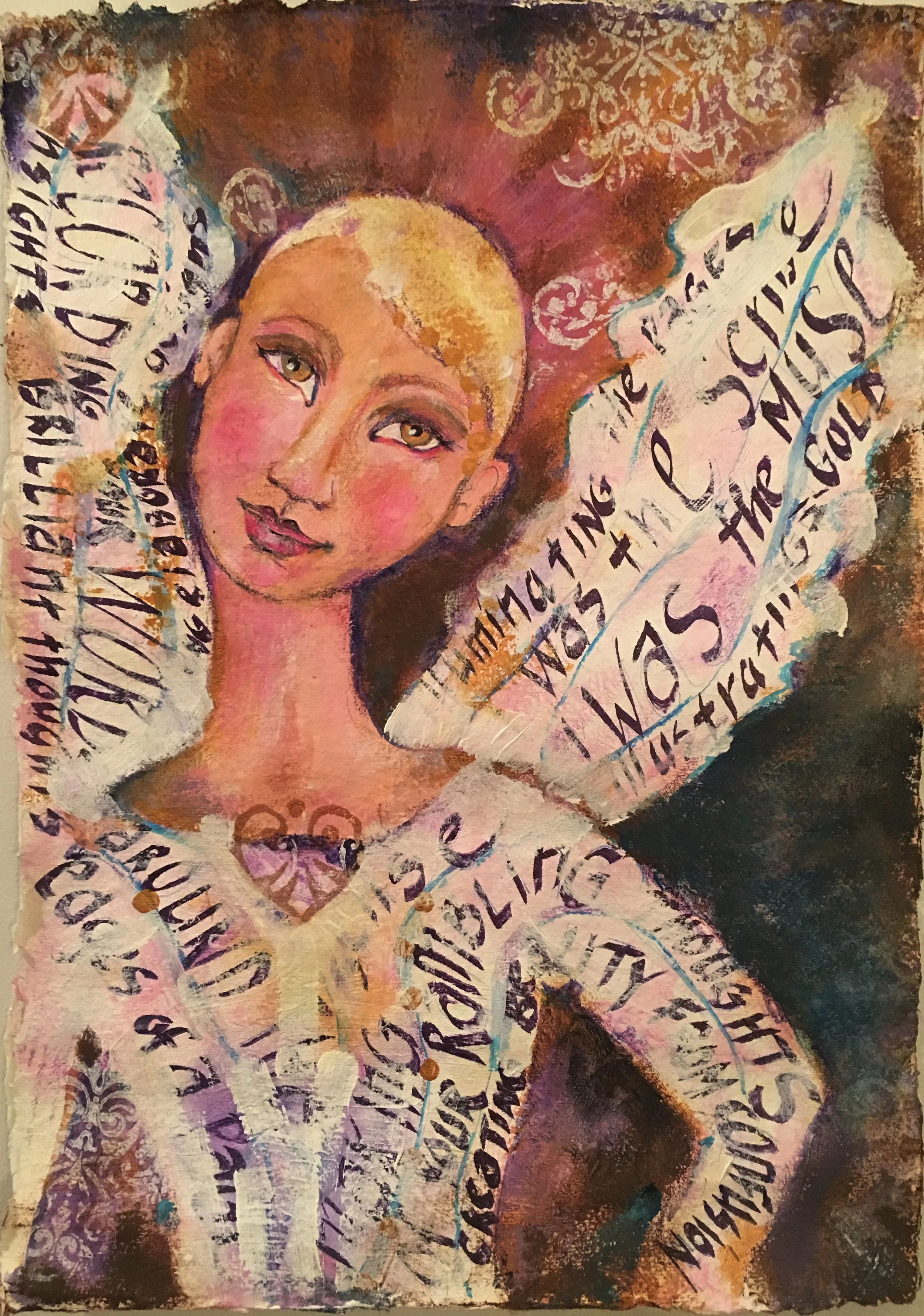 A painting of a woman with short hair and a gentle expression, surrounded by flowing script and abstract patterns in shades of pink, purple, gold, and brown, creating a dreamy and introspective atmosphere.