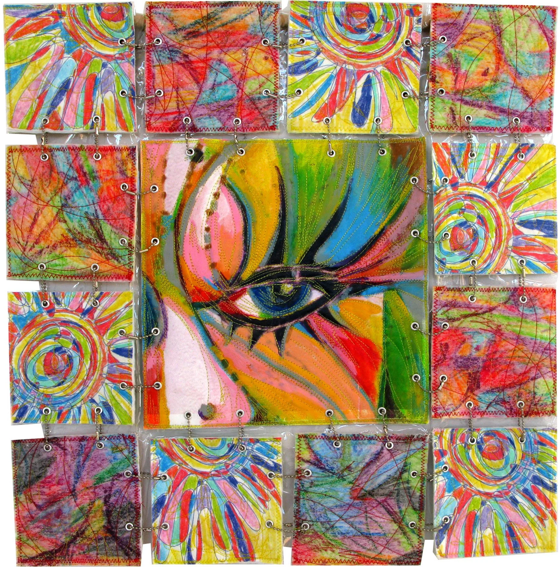 A collage of colorful abstract paintings on paper, each piece decorated with vibrant swirls, lines, and patterns, connected by small chains with eyelets.