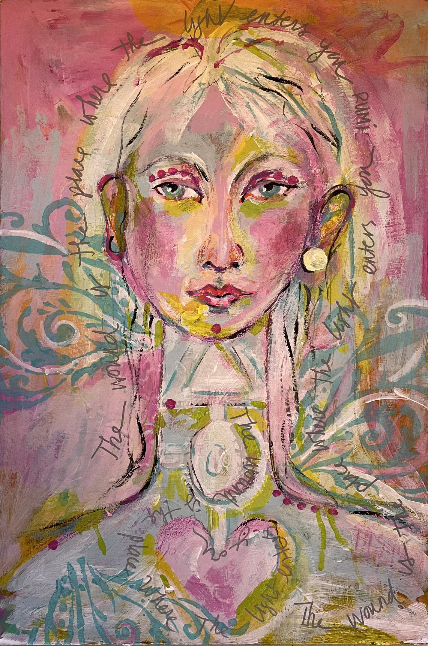 A colorful abstract painting of a woman with short hair, painted in shades of pink, yellow, and blue, with handwritten words looping around her head and body. The words include engaging phrases like 'The future the you', 'Understanding', and 'the won
