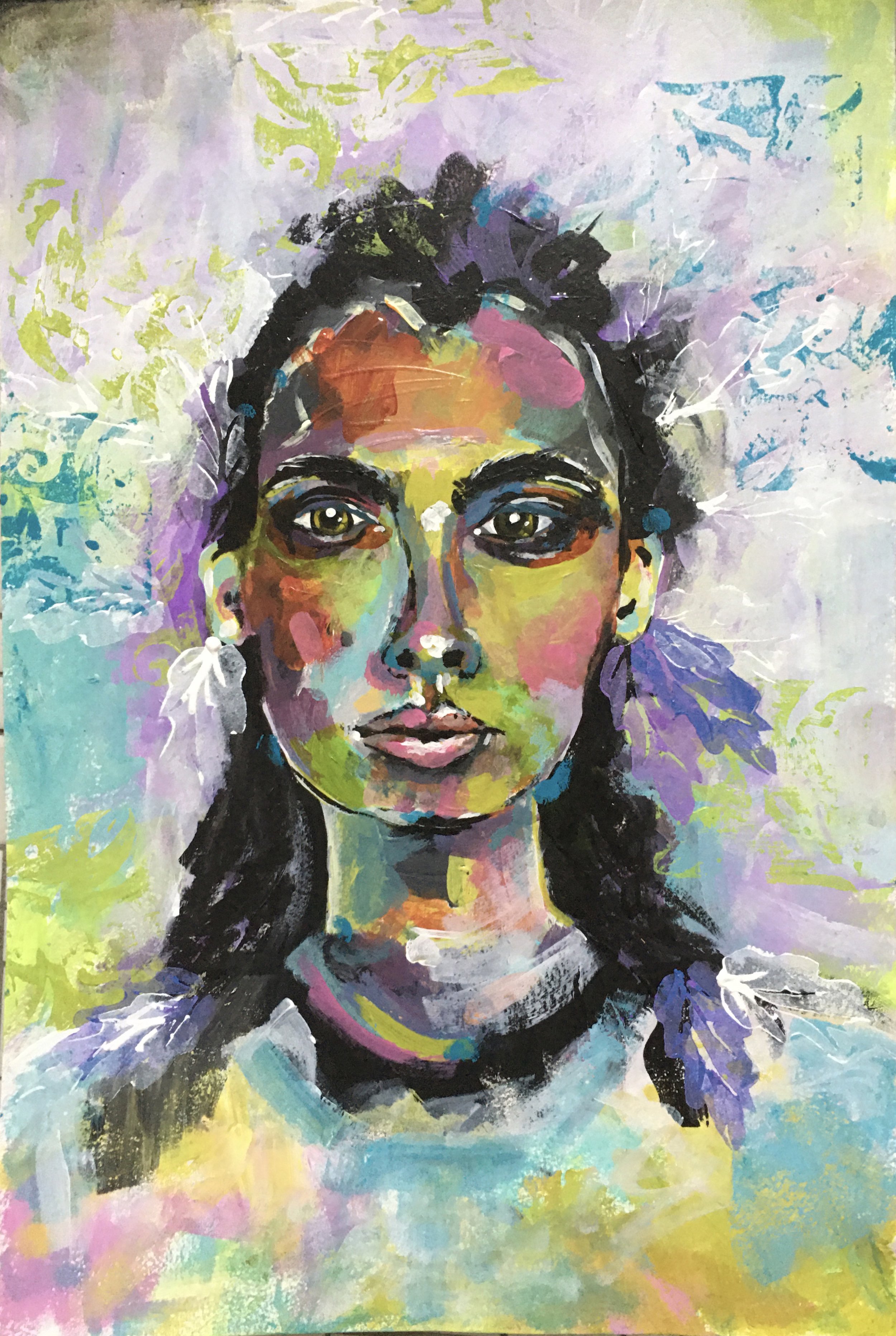Colorful abstract portrait of a young woman with dark braided hair, large eyes, and a serious expression. The background is filled with splashes of pastel colors like purple, teal, yellow, and pink.