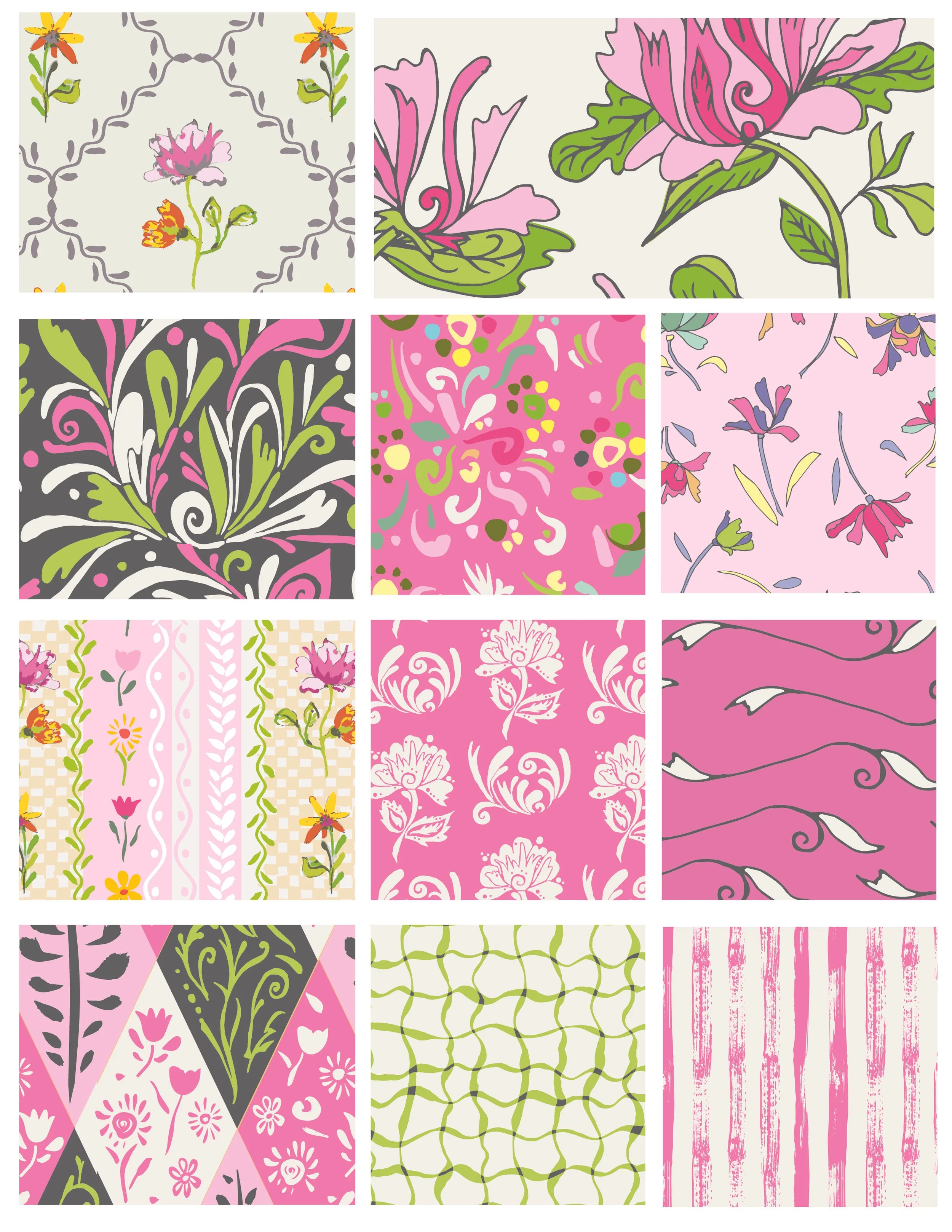 A collage of floral and decorative pattern designs with various colors including pink, green, yellow, black, and gray, featuring flowers, leaves, and abstract motifs.