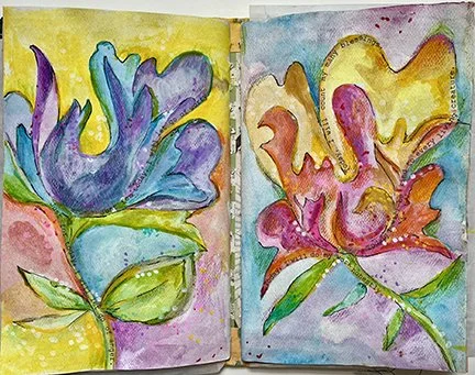 Colorful watercolor paintings of two flowers in open buds.