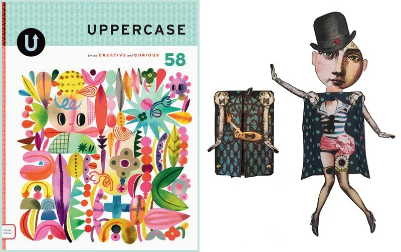 Colorful illustrated magazine cover titled 'Uppercase 58' with abstract animal shapes, and a mixed-media collage of a female figure with a vintage face, wearing a hat and patterned outfit, with additional collage elements.