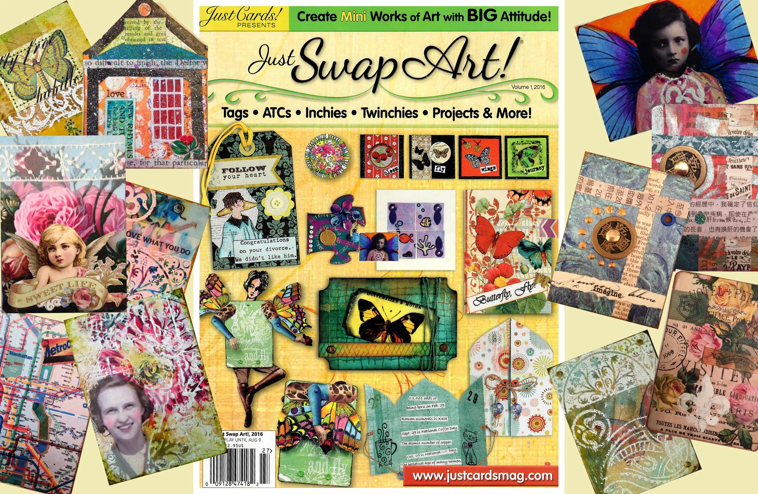 Collage of various miniature art projects, including decorated tags, collages, and mixed media artwork with butterflies, flowers, and text.