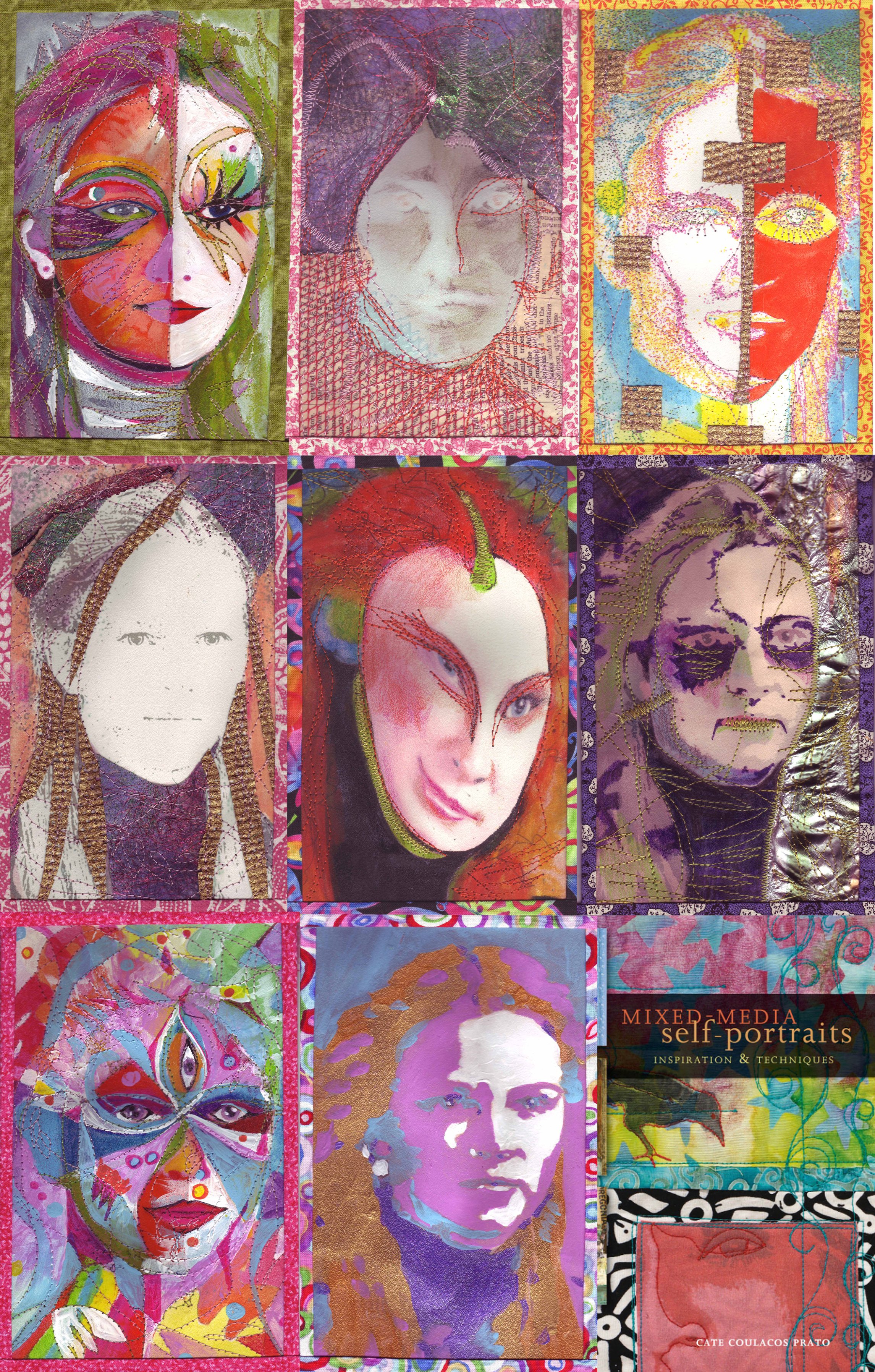 A collage of colorful mixed media artwork, including watercolor portraits of women, abstract designs, and illustrations, displayed on magazine covers from "Just Mixed Media" magazine. The covers feature various artwork styles, with some text highlighting different art mediums like home decor, canvas, and wall art.