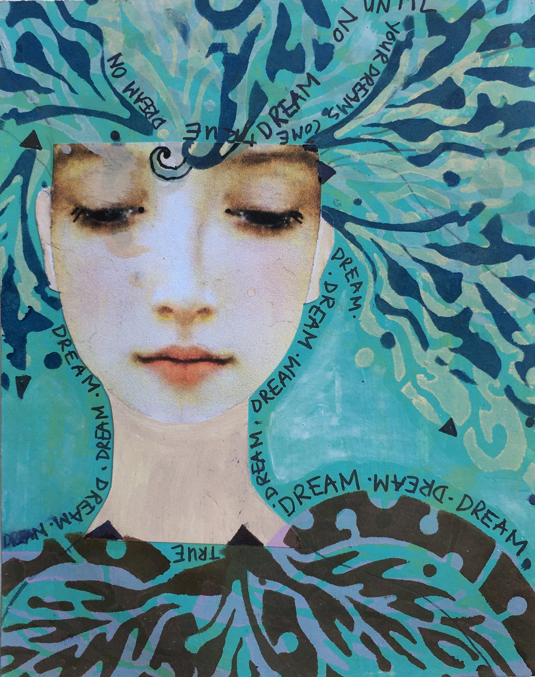 An abstract painting of a woman's face with intricate black floral and leaf patterns surrounding her. The artwork features a mix of vivid colors including yellow, pink, green, and blue, with textured brushstrokes.
