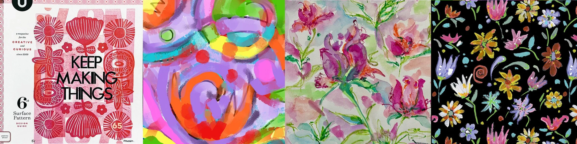 Four colorful floral patterns, each with a different style, including a pink and red floral surface pattern, an abstract vibrant floral design, a watercolor floral illustration, and a black background floral design with multicolored flowers.