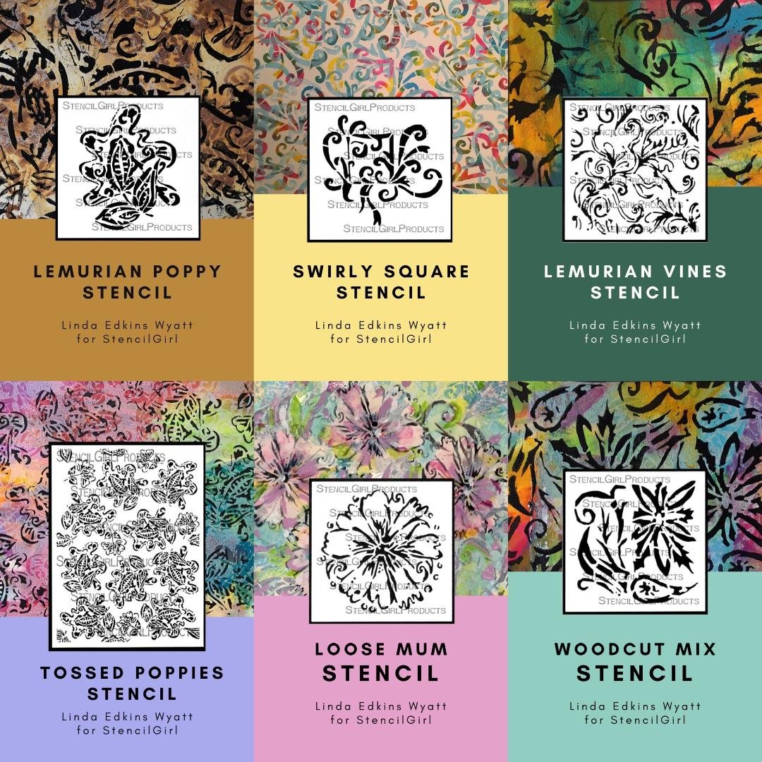 Six different stencils and background patterns arranged in a grid. Each stencil has a descriptive title and the artist's name, Linda Edkins Wyatt, for StencilGirl. The stencils are Lemurian Poppy, Swirly Square, Lemurian Vines, Tossed Poppies, Loose 