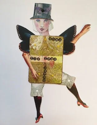 A whimsical collage art piece featuring a girl with a painted face wearing a gray top hat, a butterfly-shaped paper body, and legs with red shoes, holding a yellow book with handwritten notes.