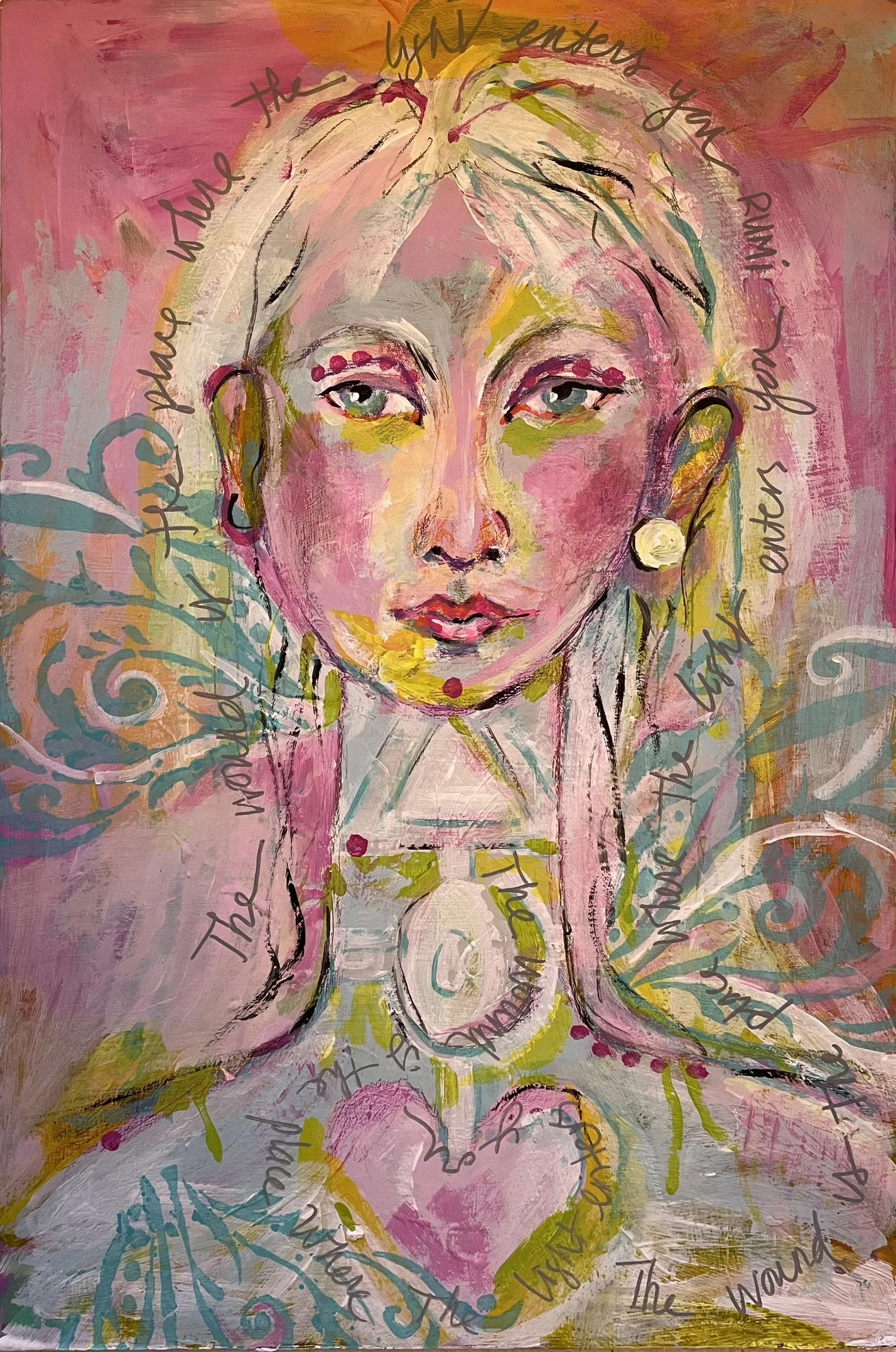 Abstract painting of a woman's face with pink, yellow, green, and white colors, featuring handwritten text swirling around her head.