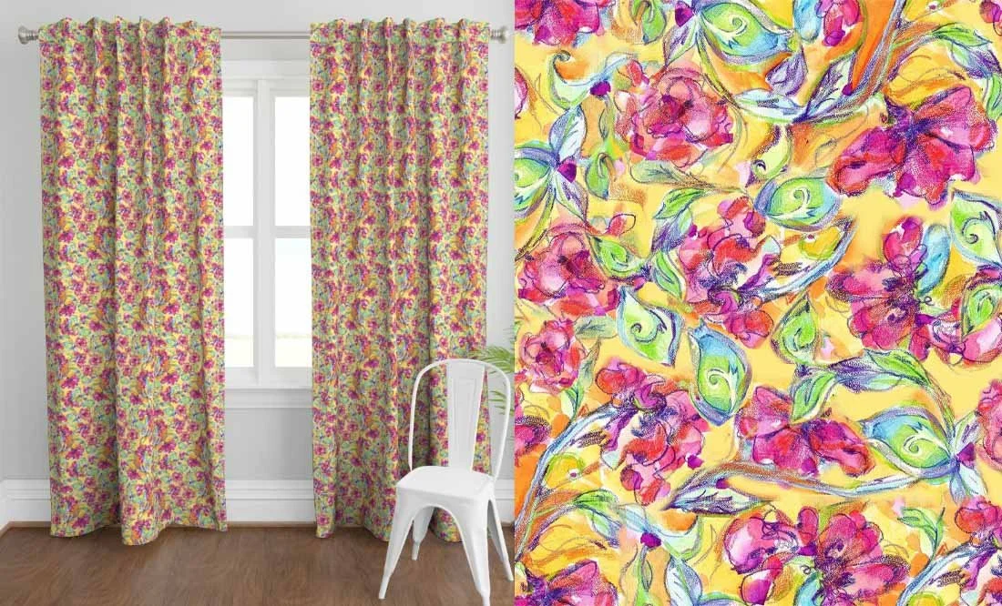 Split image showing floral curtains on a window in a room on the left and a colorful floral pattern on fabric on the right.