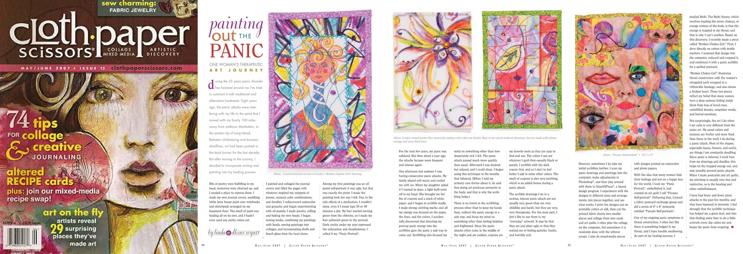 Cover of 'Cloth Paper Scissors' magazine, May/June 2007 issue, featuring artwork of a woman's face with colorful mixed media and collage elements.