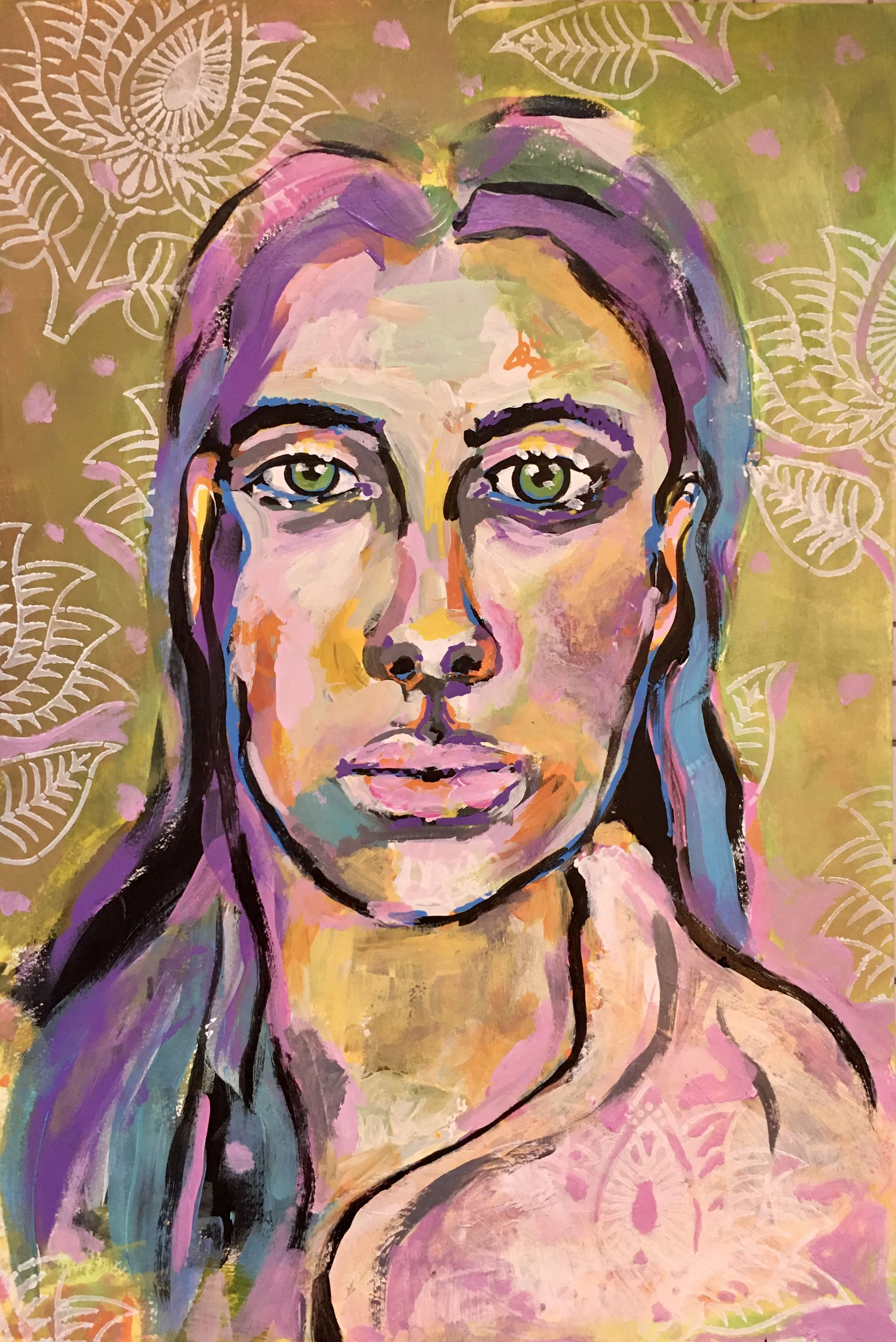 A colorful abstract portrait of a woman with green eyes, painted with bold brushstrokes in shades of purple, pink, orange, green, and blue, with some white highlights. The background is olive green with whimsical white leaf patterns.