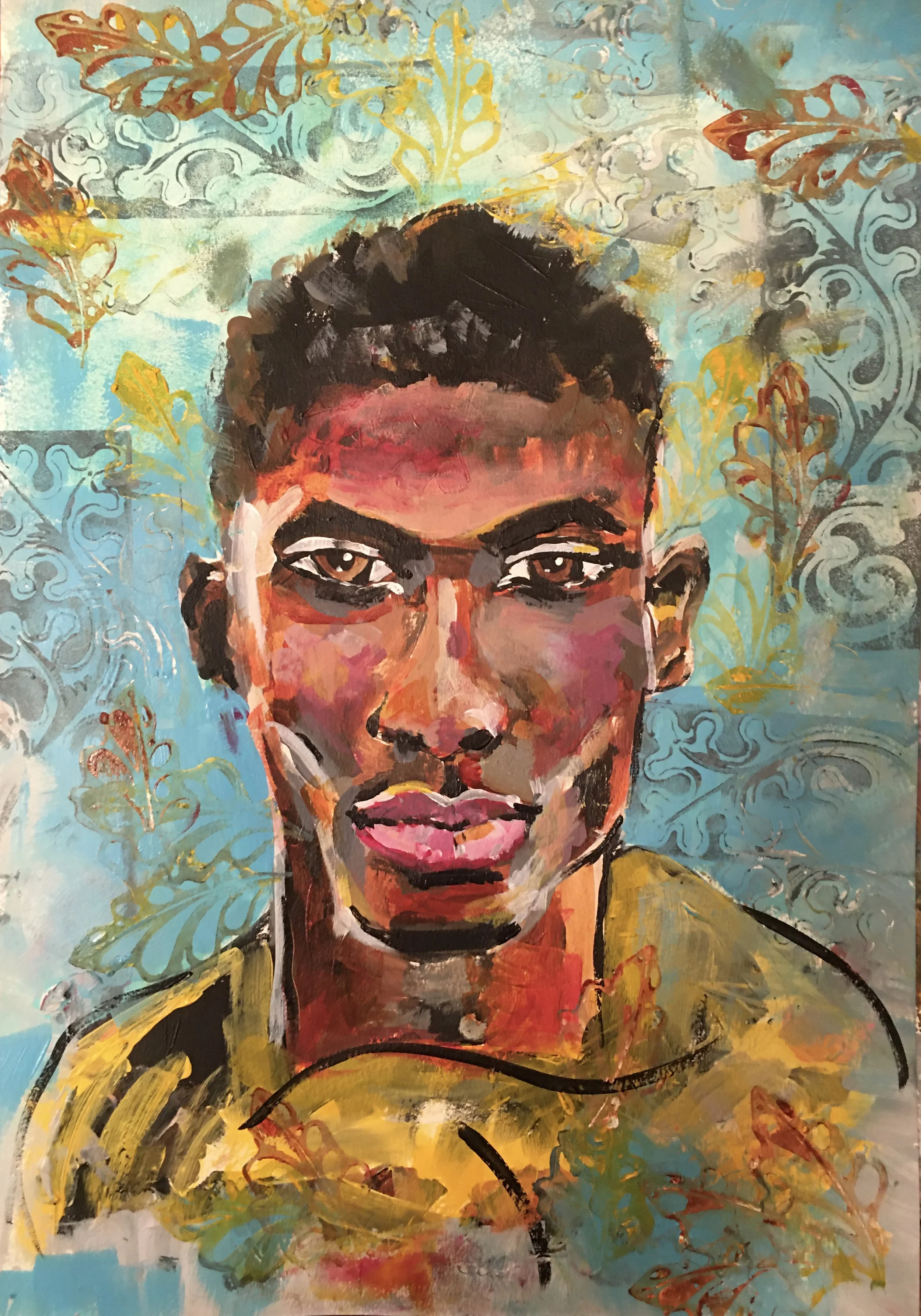 A colorful abstract portrait of a person with dark hair and brown eyes. The background features swirling patterns in light blue and gold, with some orange and yellow accents.