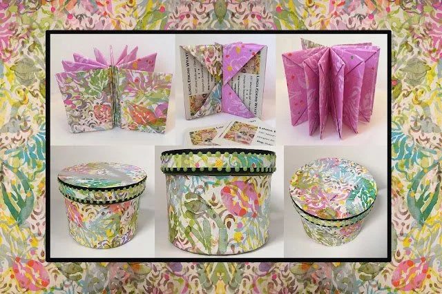 Colorful, patterned paper craft Open and folded paper items including an accordion-style fold book, a paper box with a lid, and a paper bowl, all decorated with bright floral and abstract designs.