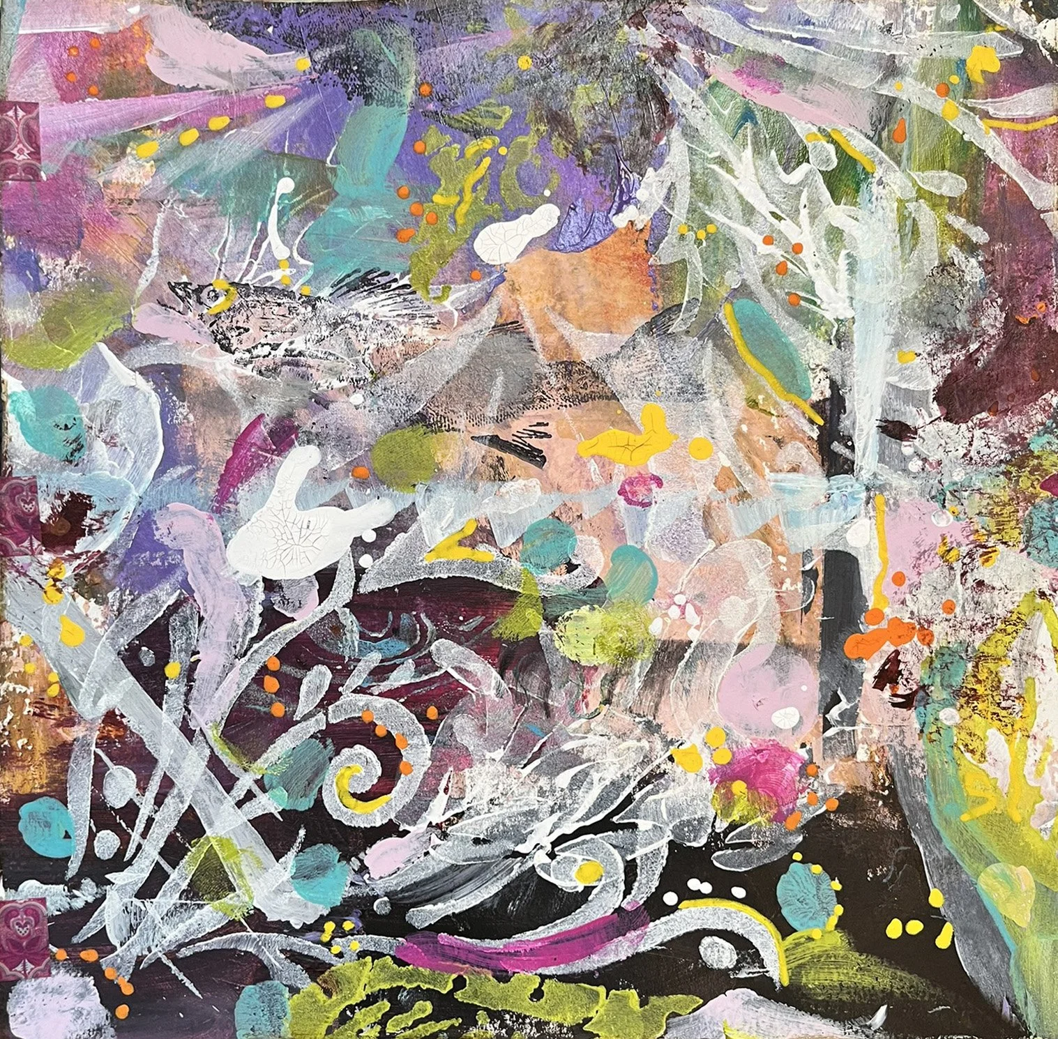 Abstract colorful painting with splashes of various colors including purple, pink, orange, white, blue, and yellow, featuring swirling patterns and layered textures.