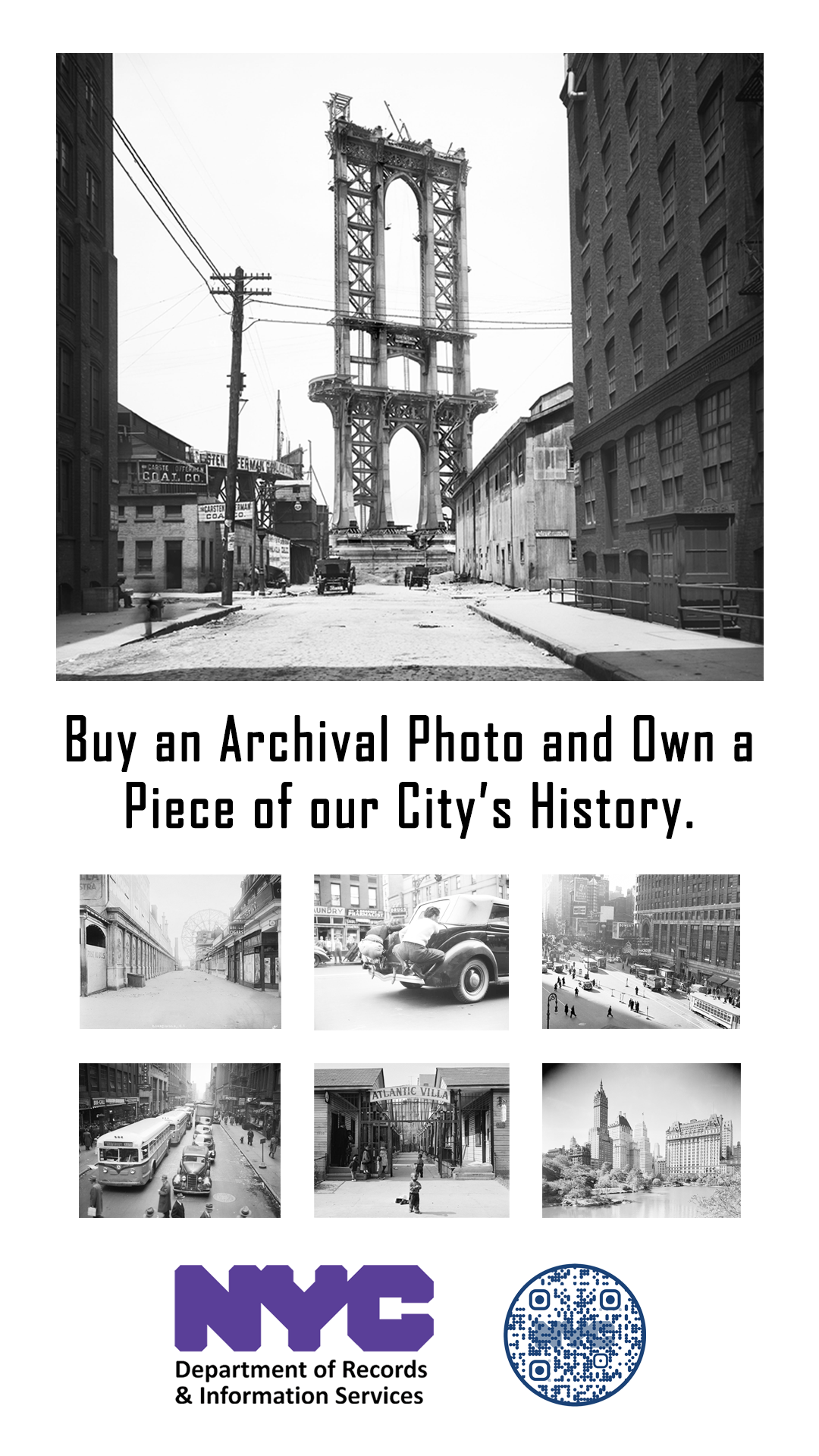 Cover of a brochure featuring black and white historic photos of New York City, promoting the purchase of archival photos, with the NYC Department of Records & Information Services logo and a QR code.