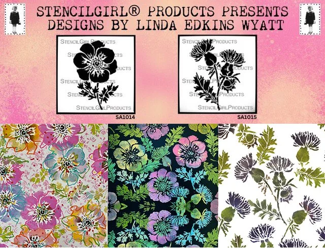 Display of StencilGirl products featuring floral stencil designs by Linda Edkins Wyatt. The top row shows two black stencil images of flowers, while the bottom row presents three colorful floral stencil patterns.