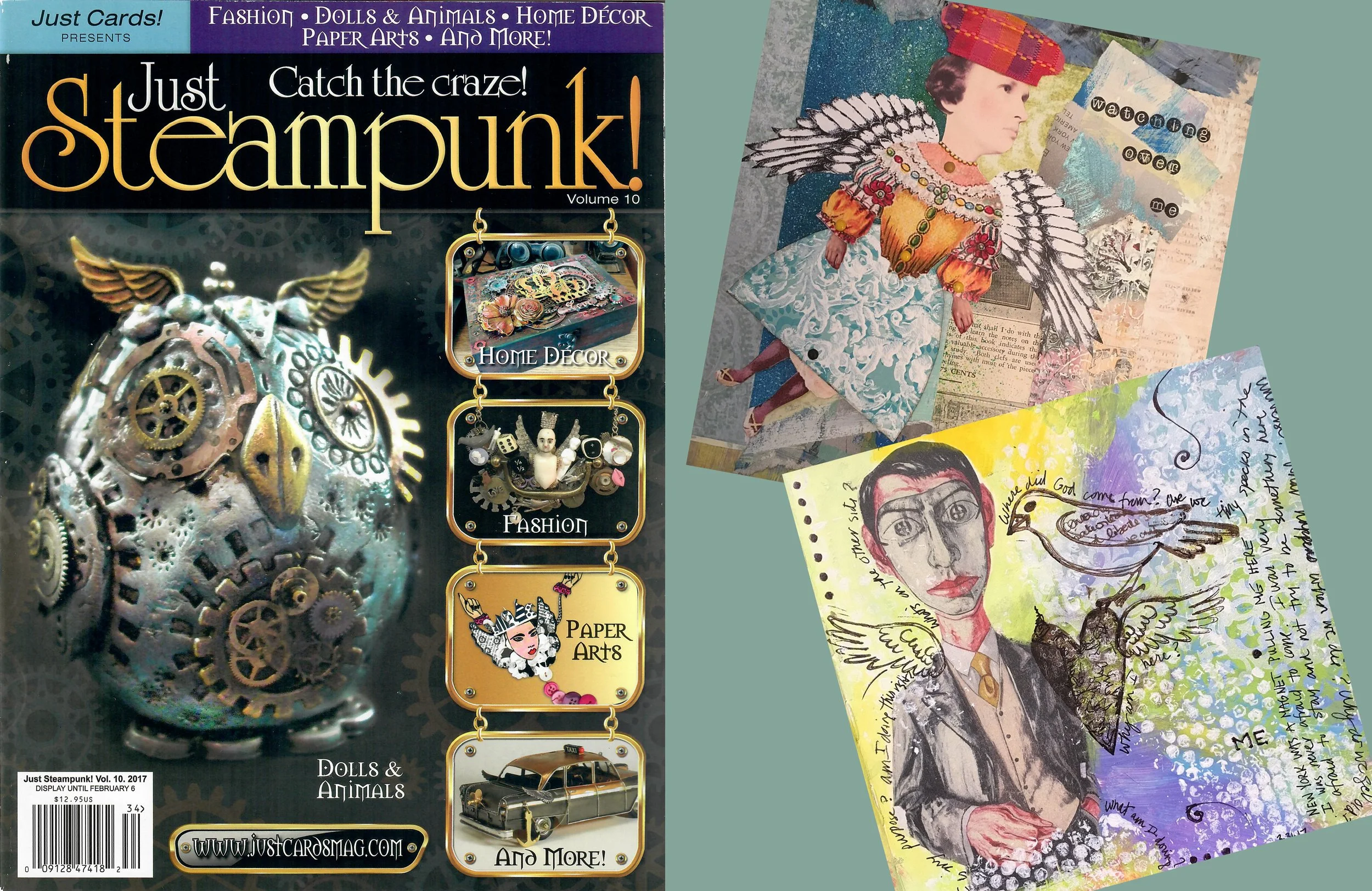 A magazine cover titled ''Just Steampunk! Volume 10'' featuring steampunk-themed jewelry, home decor, and paper art. The cover displays a steampunk mask with gears and wings, along with references to dolls, animals, fashion, and more. The magazine includes various arts and crafts with an emphasis on steampunk style.