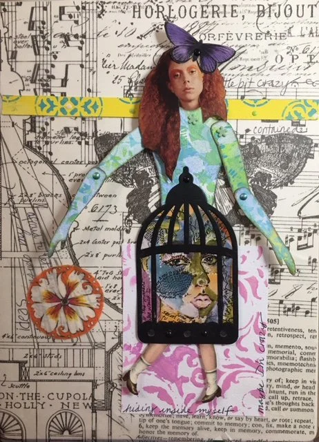 Mixed media collage featuring a woman with curly hair and a purple butterfly on her head, a butterfly and a flower, and text with musical notes and handwriting in the background.