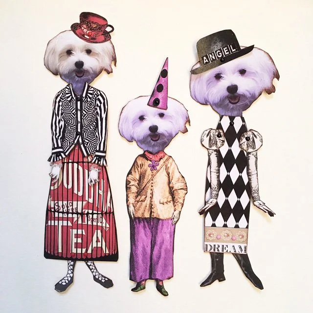 Illustration of three dogs with human bodies dressed in fashionable clothing and wearing hats, against a plain background.