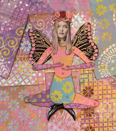 A collage of a woman with butterfly wings, wearing a flower crown, surrounded by colorful patterned paper.