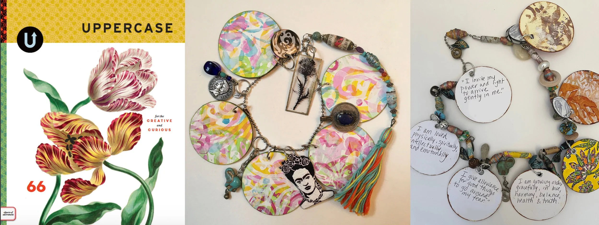 Three colorful handmade jewelry necklaces with various charms, beads, and painted discs, along with a school book cover featuring a tulip illustration and the words "Uppercase" and "for the creative and curious".