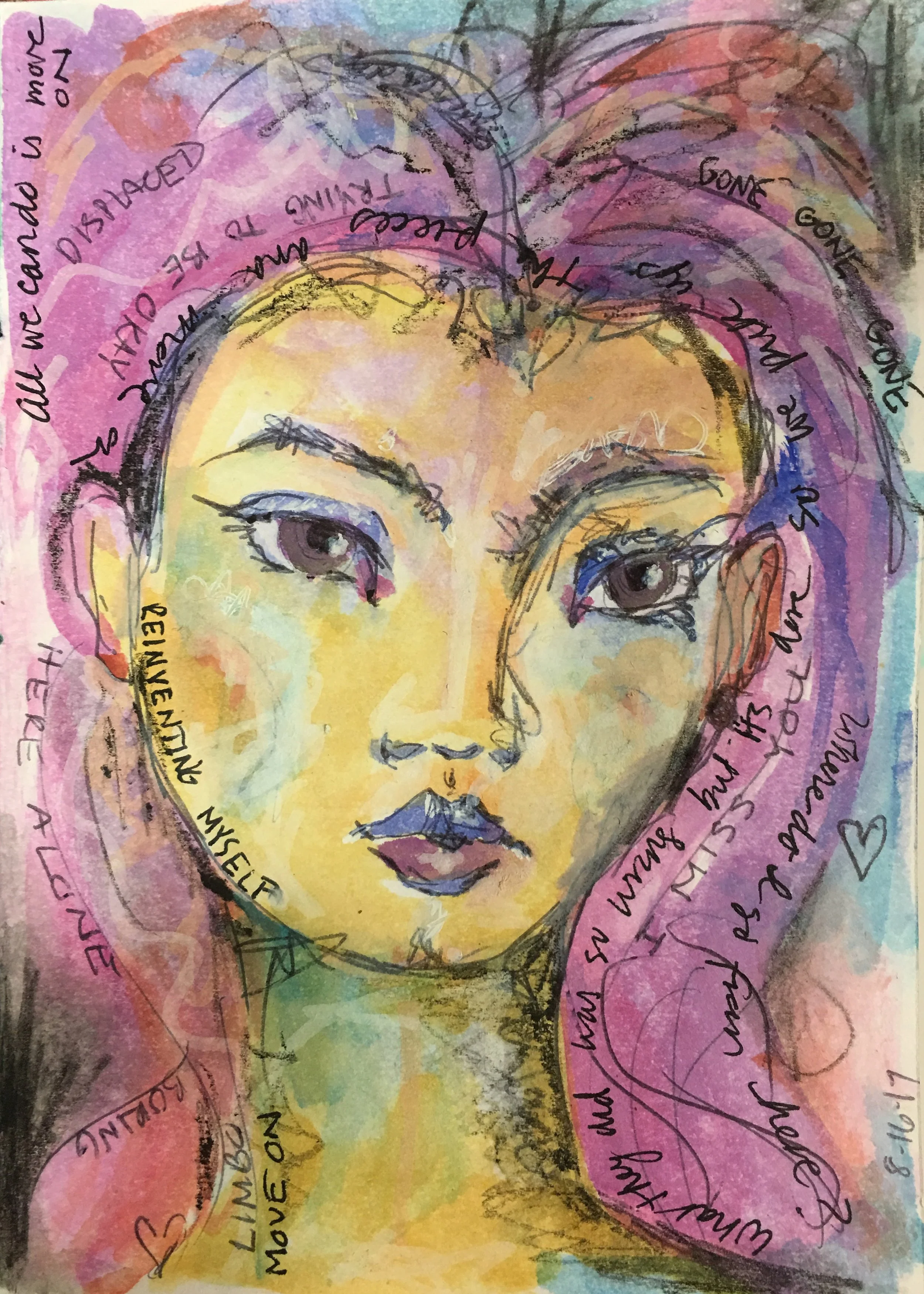 A watercolor painting of a woman's face with colorful background and overlaid cursive writing.