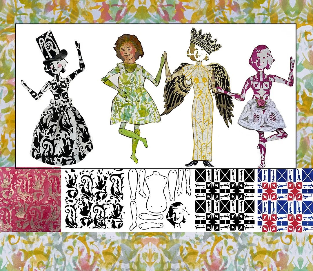Illustration of four women dressed as different queens or characters, holding hands in a line, with a colorful and decorative background.